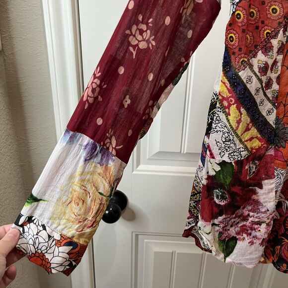 Magazine Floral Sheer Boho Red Blue V Neck Blouse Top Size M Roll Tab Sleeve - Picture 4 of 13